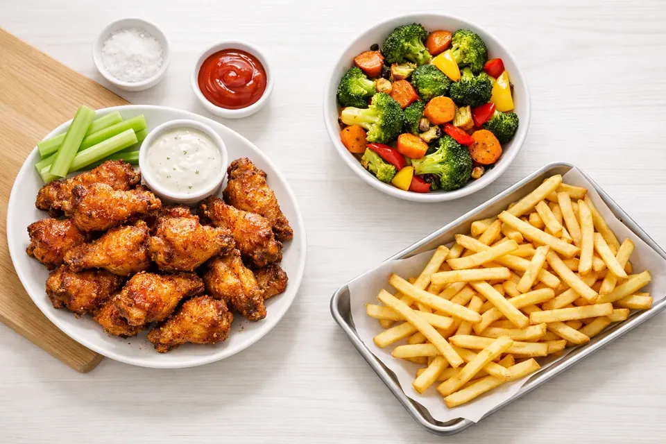 Top-down view of air fryer chicken wings French fries and roasted vegetables served with dipping sauces on a light table