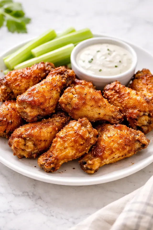 Crispy air fryer chicken wings served with celery sticks and ranch dipping sauce on a white plate